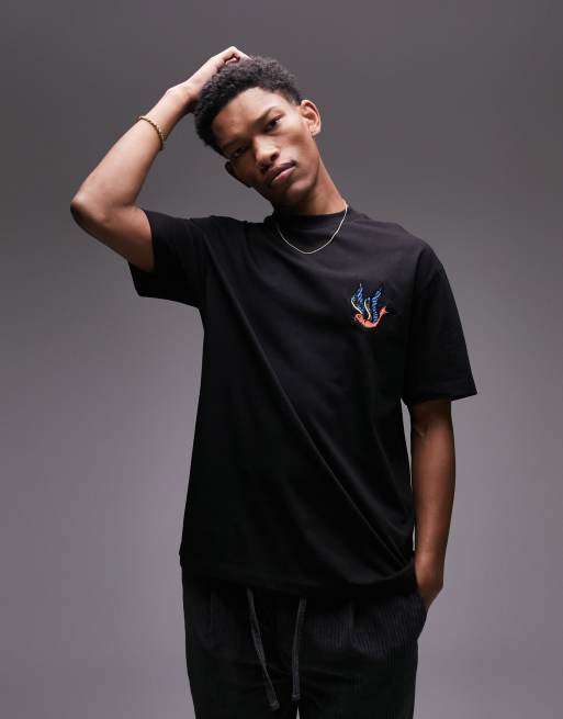  Topman oversized fit t-shirt with swallow embroidery in black