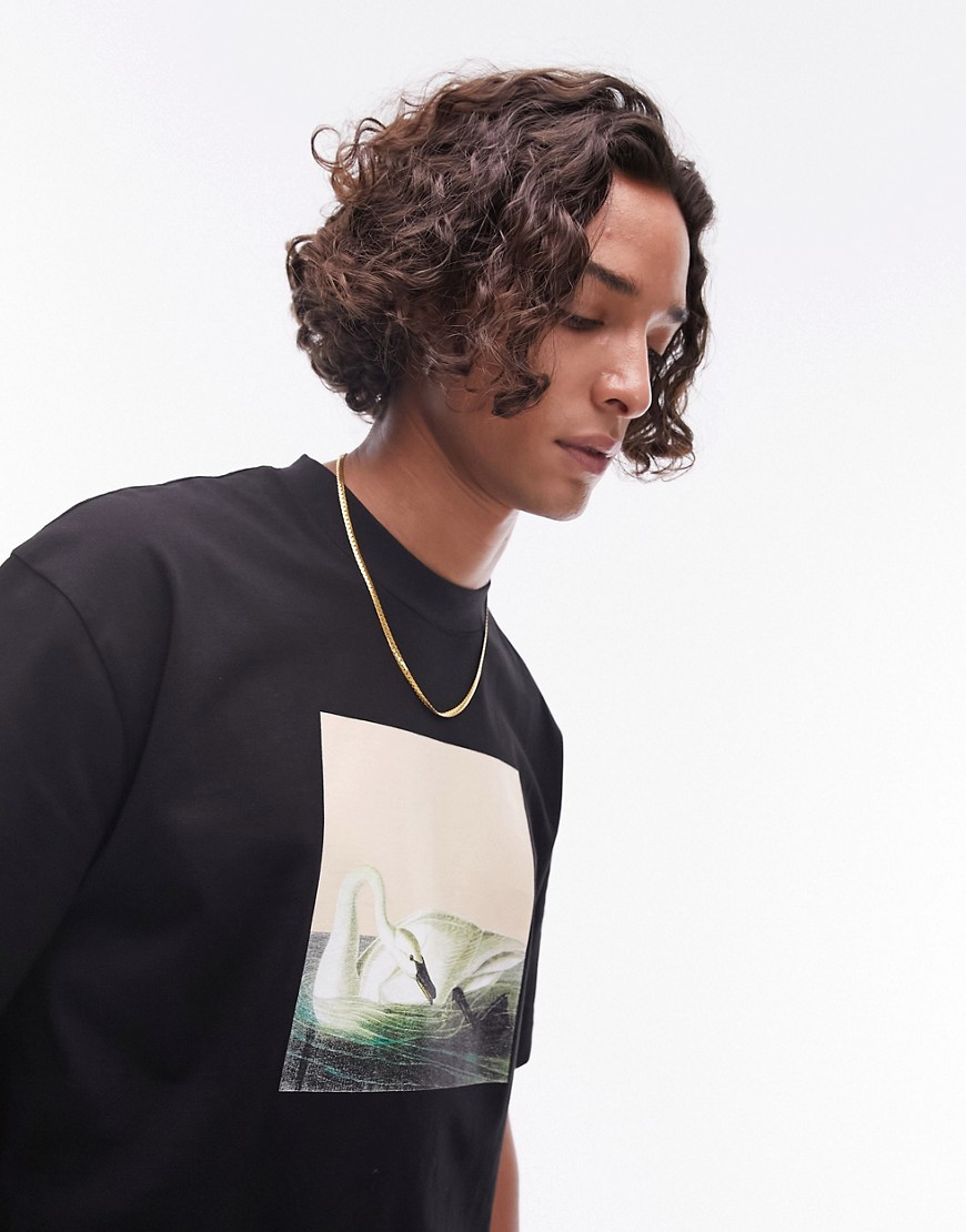 Topman oversized fit t-shirt with swan chest print in black