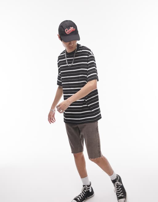 Topman oversized fit t-shirt with textured stripe in black