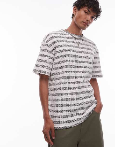 Topman oversized fit t-shirt with textured stripe in khaki - view 1