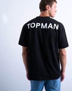 Model wearing Oversized fit t-shirt with Topman front & back print in black