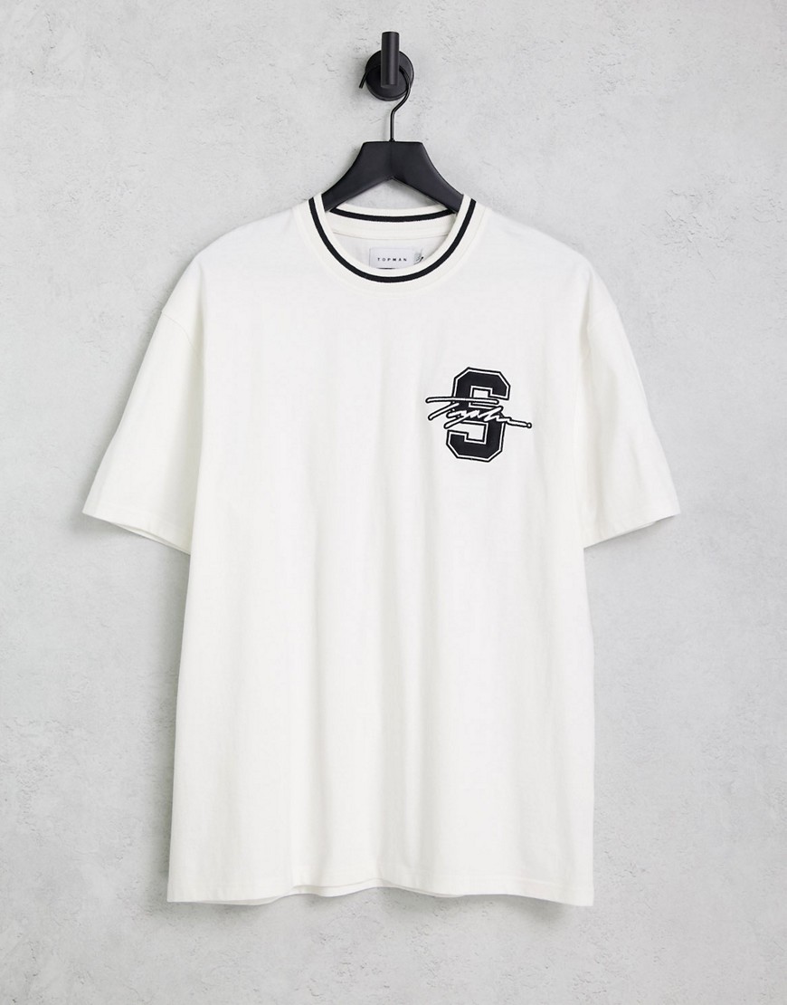 Topman oversized fit t-shirt with varsity Signature applique badge in white