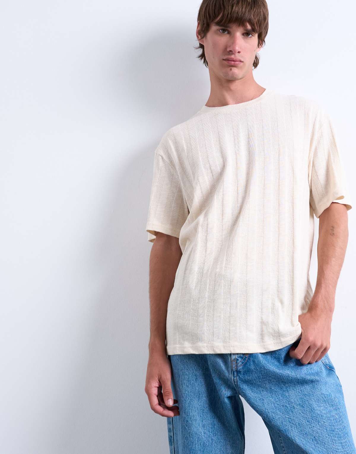 Topman oversized fit t-shirt with vertical textured stripe in ecru