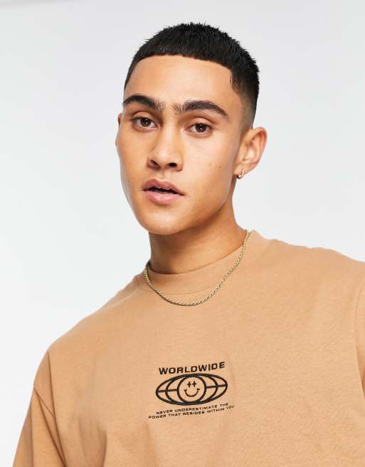 Topman oversized fit t-shirt with worldwide globe embroidery in light brown