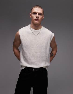 oversized fit tank with knit texture in ecru-White