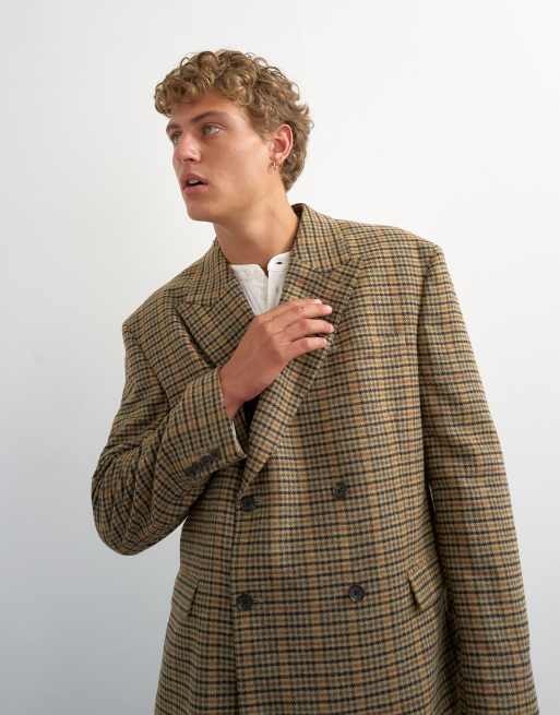 Topman oversized fit tekstureret ternet dobbeltradet blazer med uldblanding i brun, 3 af 5