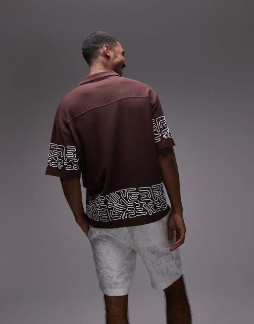 Topman oversized fit textured button down jersey shirt with geo cord embroidery in brown