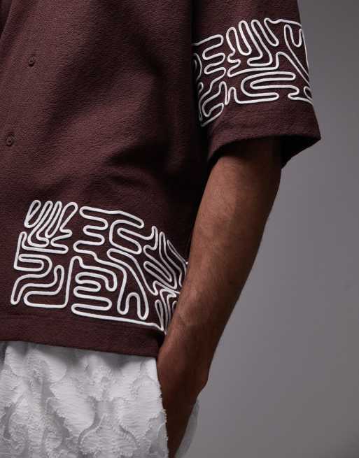 Topman oversized fit textured button down jersey shirt with geo cord embroidery in brown