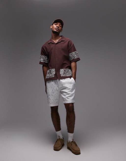 Topman oversized fit textured button down jersey shirt with geo cord embroidery in brown