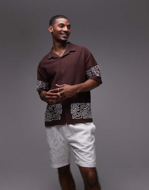 Topman oversized fit textured button through jersey shirt with geo cord embroidery in brown - view 1