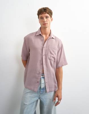 Topman Oversized Fit Textured Cheesecloth Short Sleeve Shirt In Pink