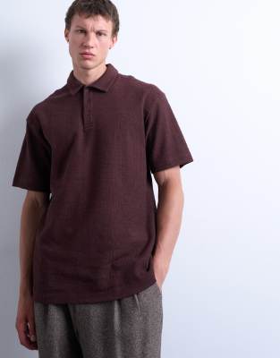 Topman Oversized Fit Textured Interlock Polo In Brown