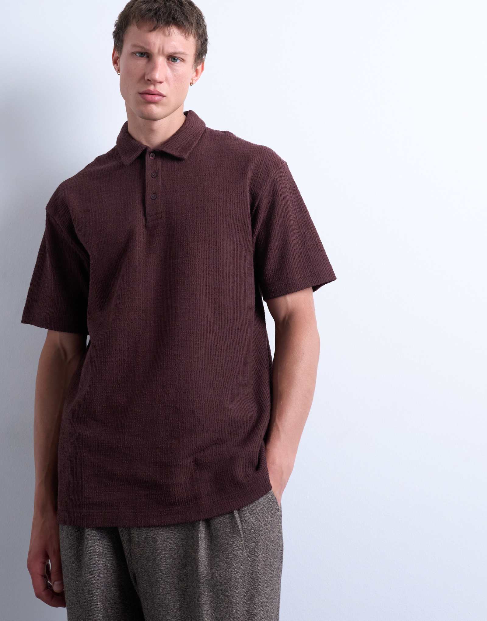 Коричневое поло Topman oversize fit из текстурированной интерлок