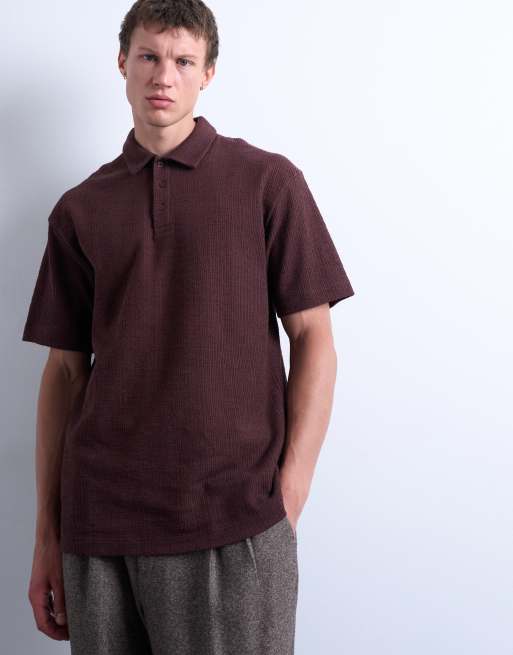 Topman oversized fit textured interlock polo in brown