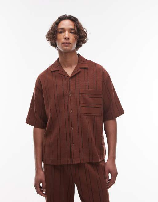 Topman oversized fit textured stripe button down polo shirt in brown
