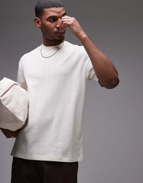 Topman oversized fit textured stripe t-shirt in ecru - view 1