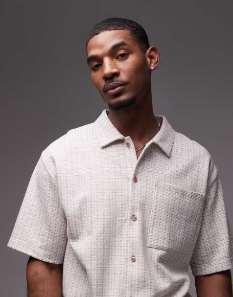 Topman oversized fit textured striped button down jersey shirt in ecru - view 1
