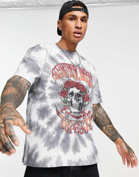 Topman relaxed fit tie dye t-shirt with Grateful Dead skull print in grey