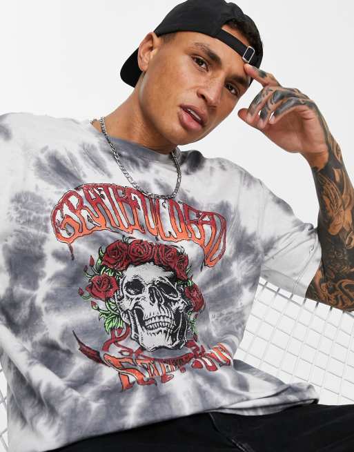 Topman oversized fit tie dye T shirt with Grateful Dead skull print in gray