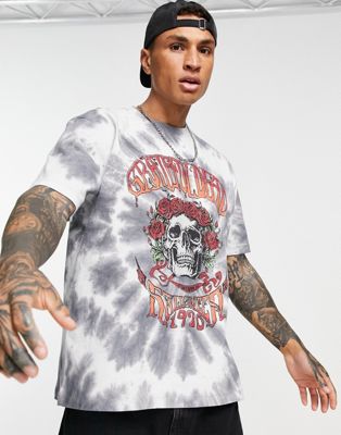 Topman oversized fit tie dye t-shirt with Grateful Dead skull print in grey - ASOS Price Checker