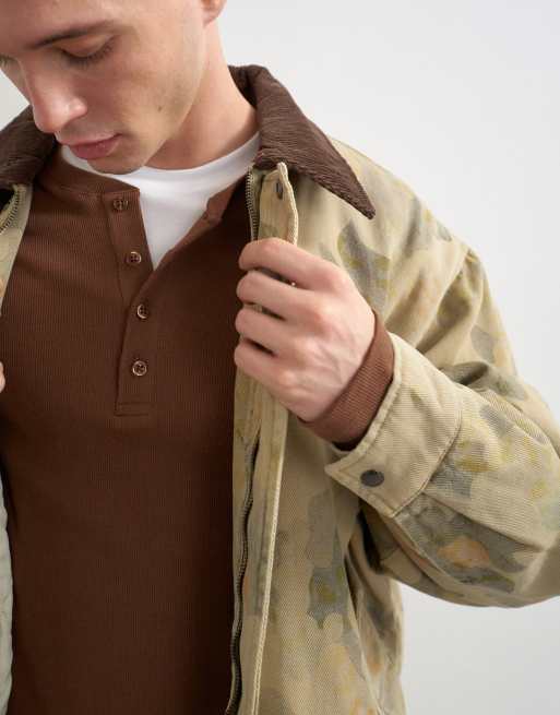 Topman oversized fit twill camo print bomber jacket with cord collar in khaki, 3 of 5