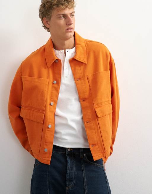 Topman oversized fit twill harrington jacket in washed burnt orange, 4 of 5