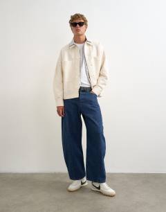 Model wearing Oversized fit twill jersey shacket in ecru