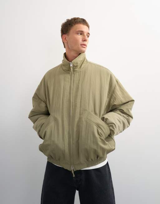 Topman oversized fit twill nylon funnel neck bomber jacket in khaki, 2 of 7