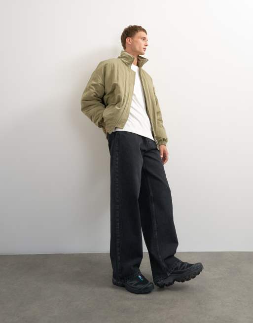 Topman oversized fit twill nylon funnel neck bomber jacket in khaki, 3 of 7