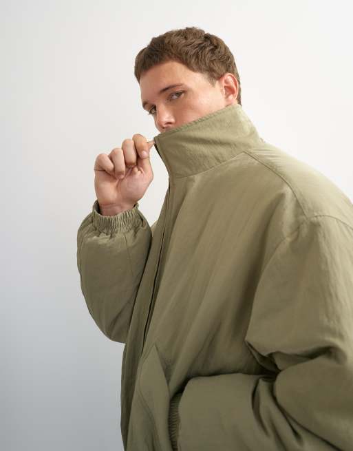 Topman oversized fit twill nylon funnel neck bomber jacket in khaki, 4 of 7