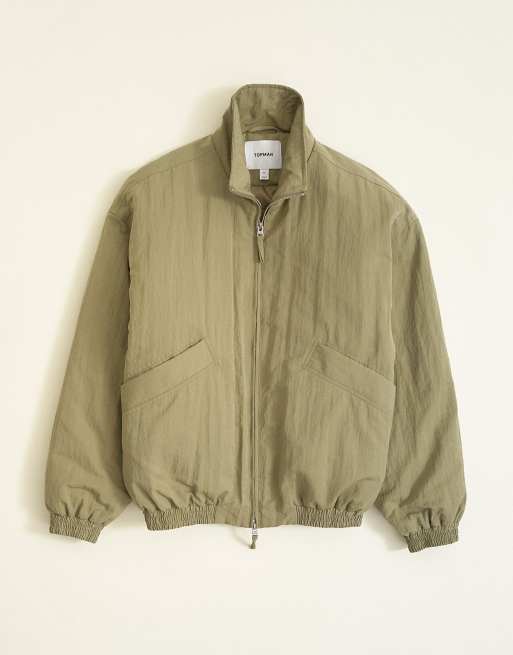 Topman oversized fit twill nylon funnel neck bomber jacket in khaki, 6 of 7