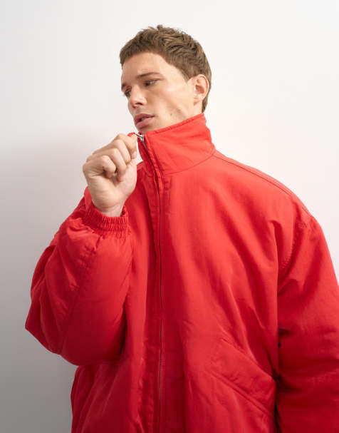 Topman oversized fit twill nylon funnel neck bomber jacket in red - view 1