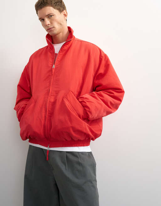 Topman oversized fit twill nylon funnel neck bomber jacket in red, 2 of 7