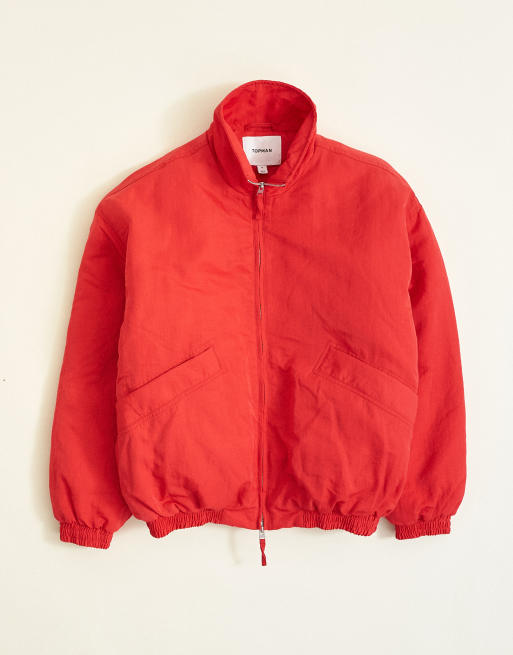 Topman oversized fit twill nylon funnel neck bomber jacket in red, 6 of 7