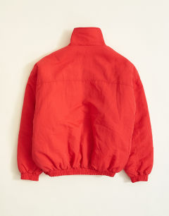Model wearing Oversized fit twill nylon funnel neck bomber jacket in red