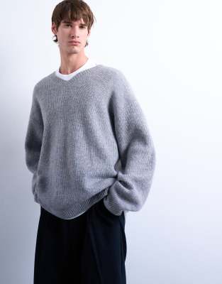 Topman Topman oversized fit v neck jumper in grey