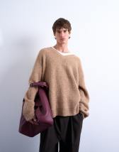 Topman oversized fit v neck jumper in stone