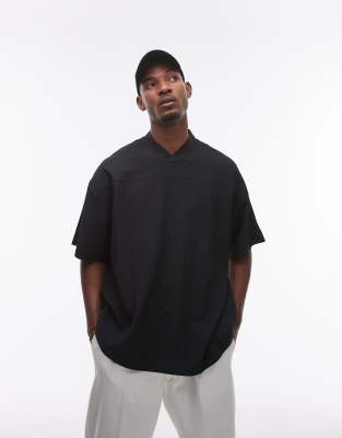 Topman Oversized Fit V Neck Plisse T-shirt In Black