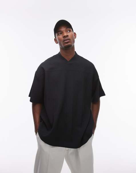 Topman oversized fit v neck plisse t-shirt in black - view 1