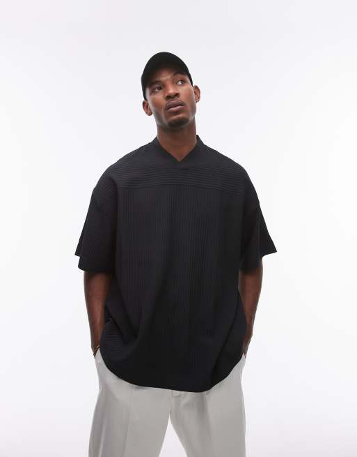 Topman oversized fit v neck plisse T-shirt in black