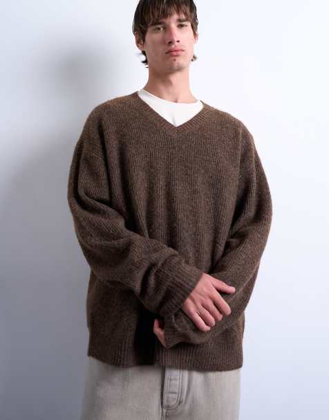 Topman oversized fit v neck sweater in brown - view 1