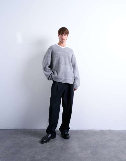 Topman oversized fit v neck sweater in gray, 2 of 5