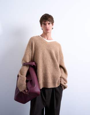 Topman Oversized Fit V-neck Sweater In Brown