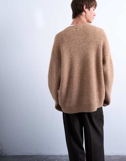 Topman oversized fit V-neck sweater in stone, 4 of 5