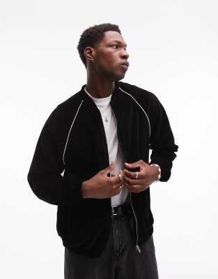 oversized fit velour full zip through with side piping detail in black