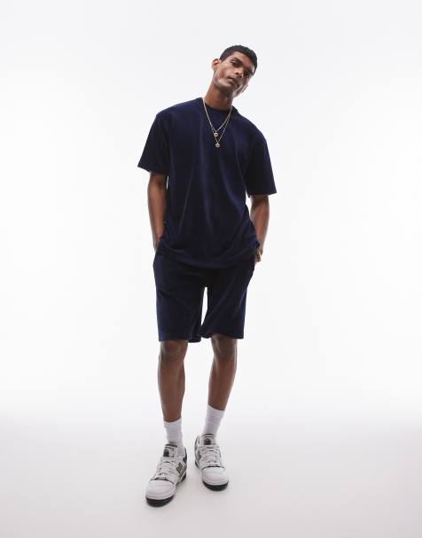 Topman oversized fit velvet cord short in navy - view 1