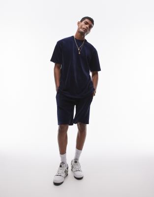 Topman Oversized Fit Velvet Cord Shorts In Navy