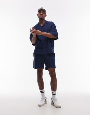 Topman Oversized Fit Waffle Button Through Jersey Shirt In Navy