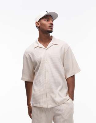 Topman Oversized Fit Waffle Button Through Jersey Shirt In Neutral