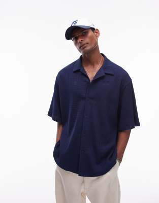 Topman Oversized Fit Waffle Knit Button Up Shirt In Navy